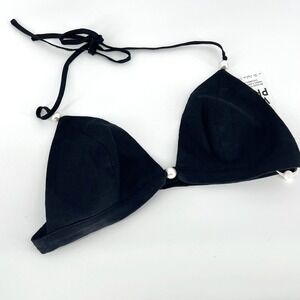 Cami NYC Black Linen Pearl Embellished Triangle Bikini Top Halter New